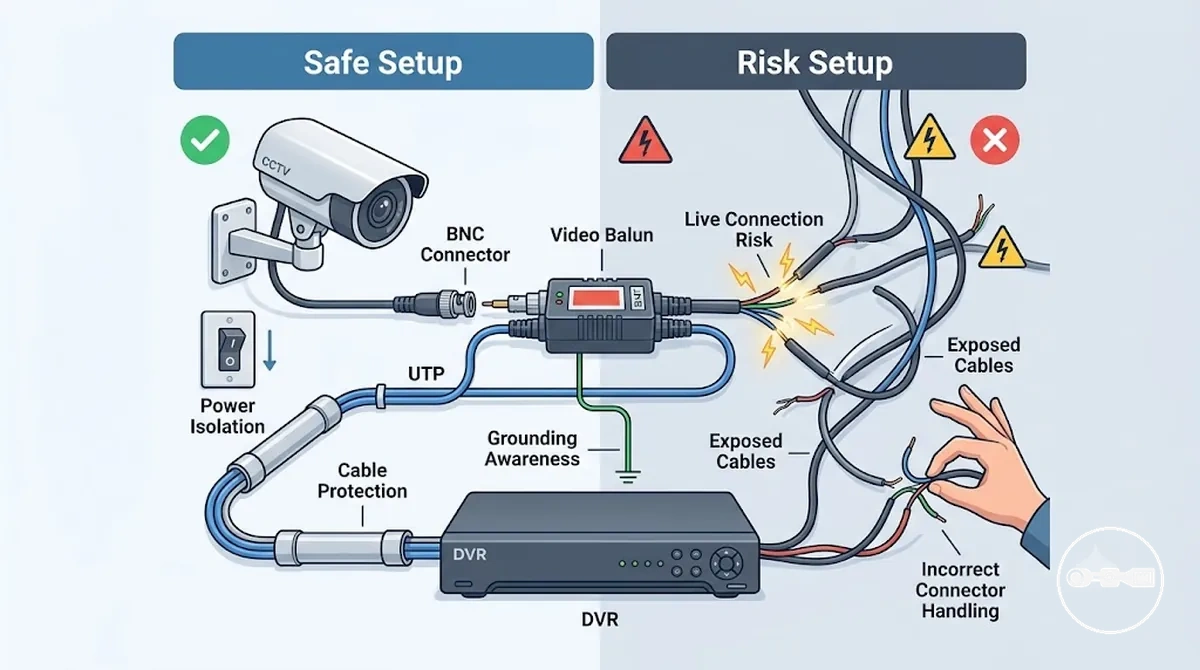 توصيل CCTV آمن وغير آمن يوضح عزل الطاقة وحماية الكابل حول وصلات البالون ومسجل DVR