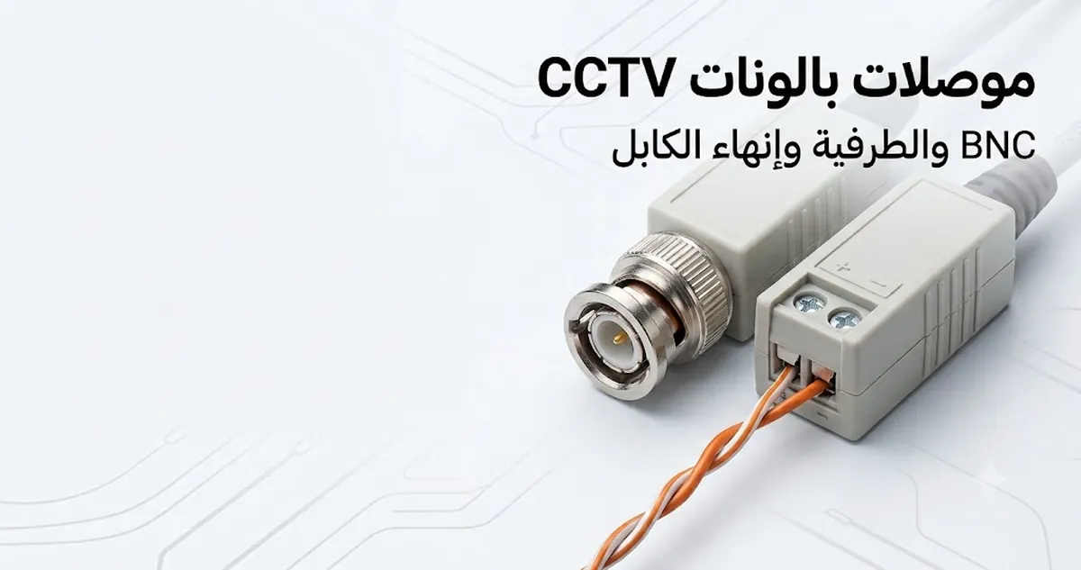 أطراف موصلات بالون فيديو CCTV تعرض تفاصيل BNC والطرفية وإنهاء الكابل.