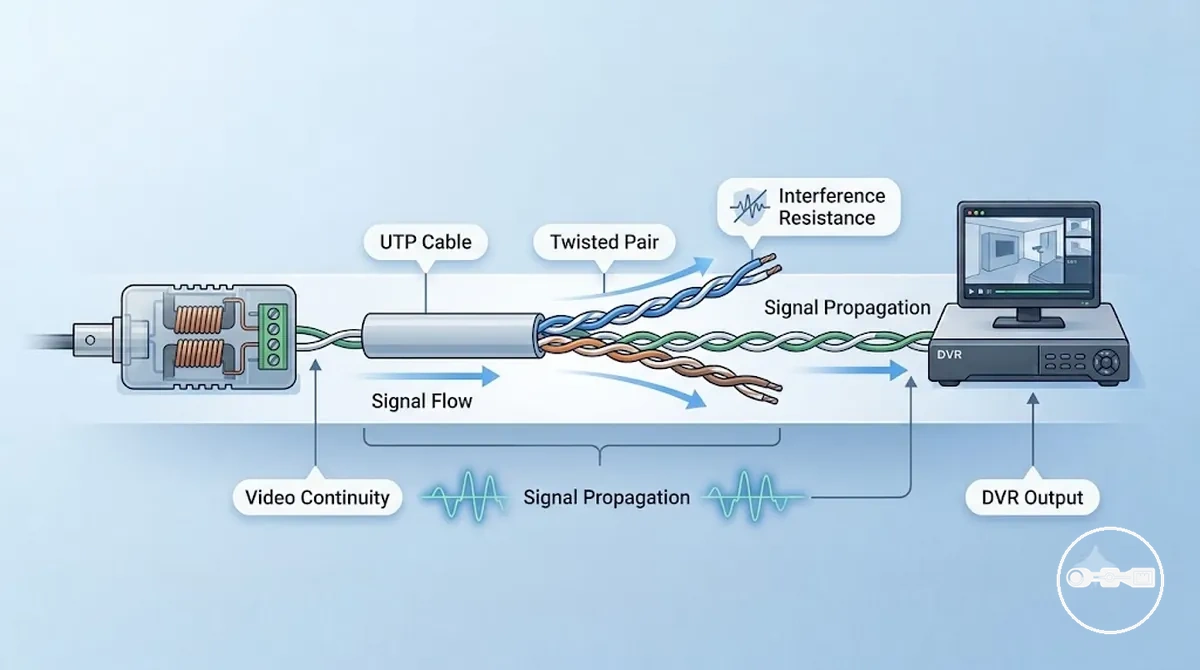 Videosignal, das durch Twisted-Pair-Kabel vom Balun zum DVR übertragen wird