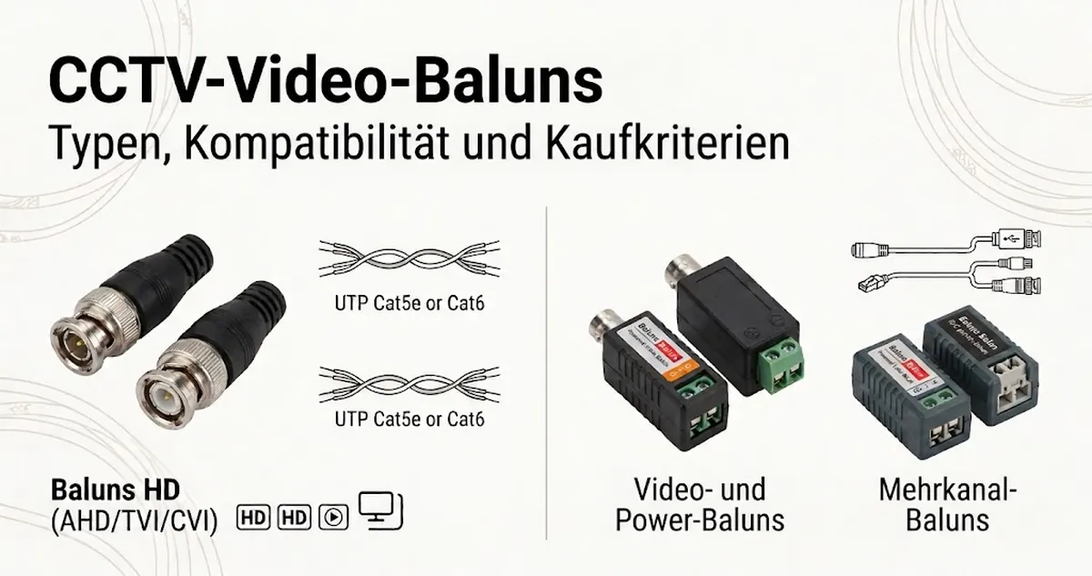 Set aus CCTV-Video-Baluns mit gängigen Typen, Anschlüssen und Hinweisen zur Kabelkompatibilität.