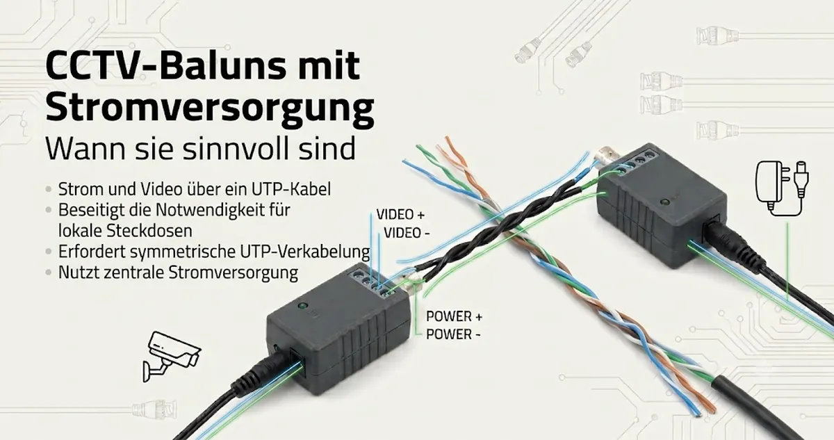 CCTV-Video-Baluns mit Stromleitungen für kombinierte Video- und Stromanschlüsse.