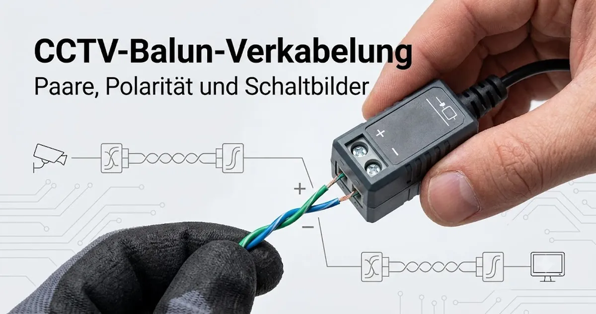 CCTV-Video-Balun-Verkabelung mit verdrillten Adernpaaren, Polaritätsmarkierungen und Details zum Anschlussbild.