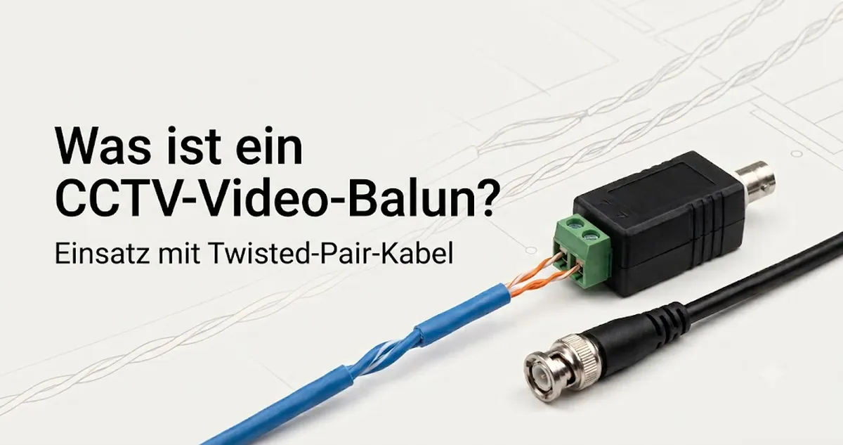 Ein CCTV-Video-Balun neben einem Kamerakabel, der Video über ein Twisted-Pair-Kabel überträgt.