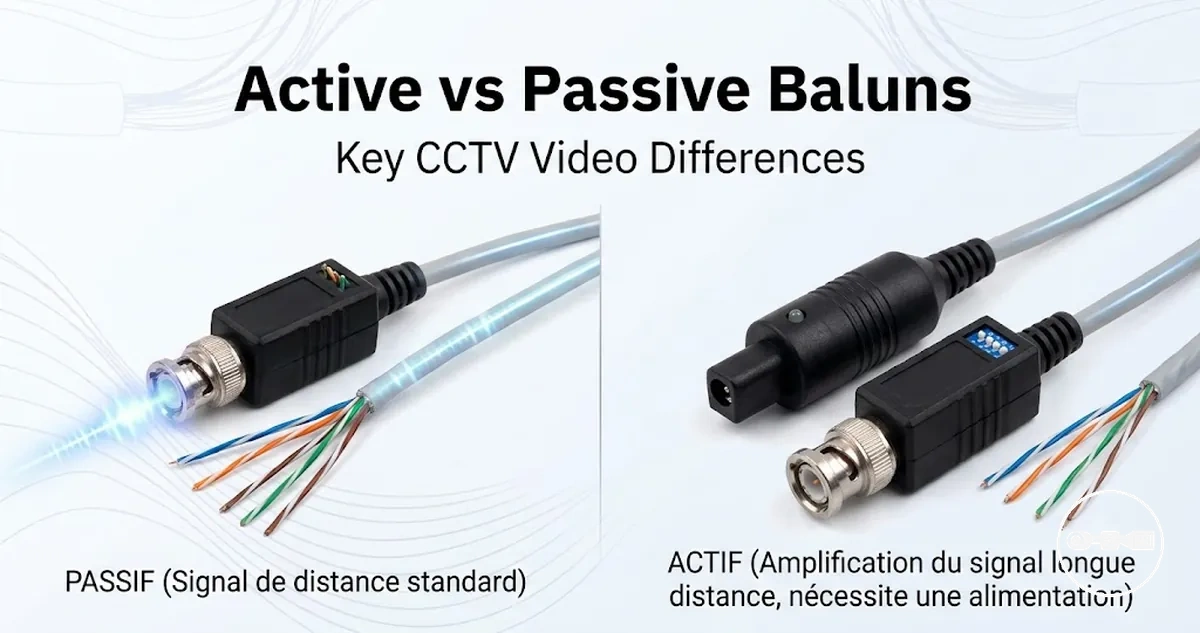 Active and passive CCTV video baluns shown side by side for type comparison.