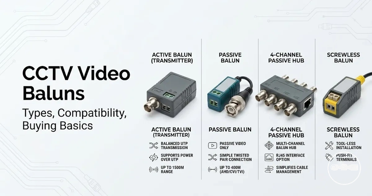 A set of CCTV video baluns showing common types, connectors and cable compatibility cues.
