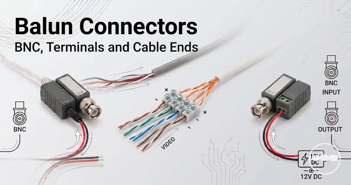 CCTV video balun connector ends showing BNC, terminal and cable termination details.
