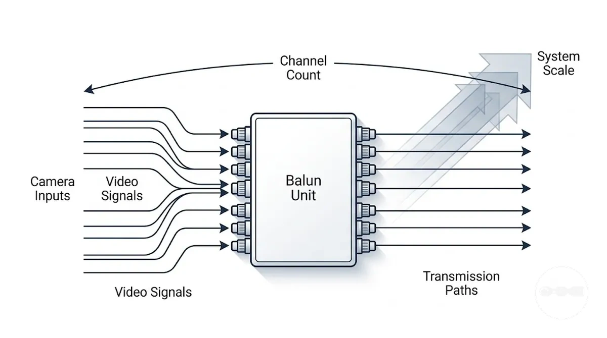 Channel count concept in CCTV video balun transmission architecture and system scaling