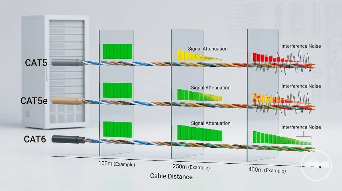 Comparison of CAT5 CAT5e and CAT6 cable performance with signal distance and attenuation visualization