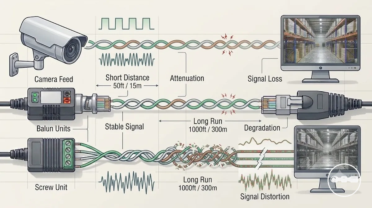 CCTV video balun cable distance affecting signal degradation and transmission quality over UTP cable