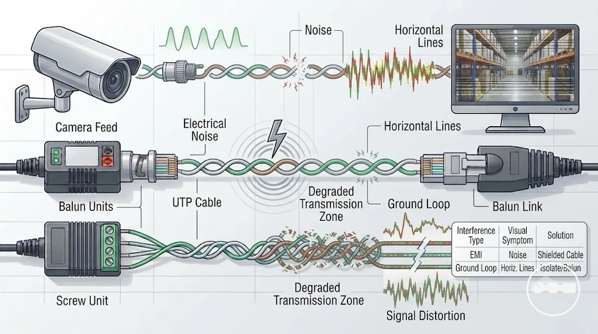 CCTV video balun interference showing noise horizontal lines and ground loop effects on video signal