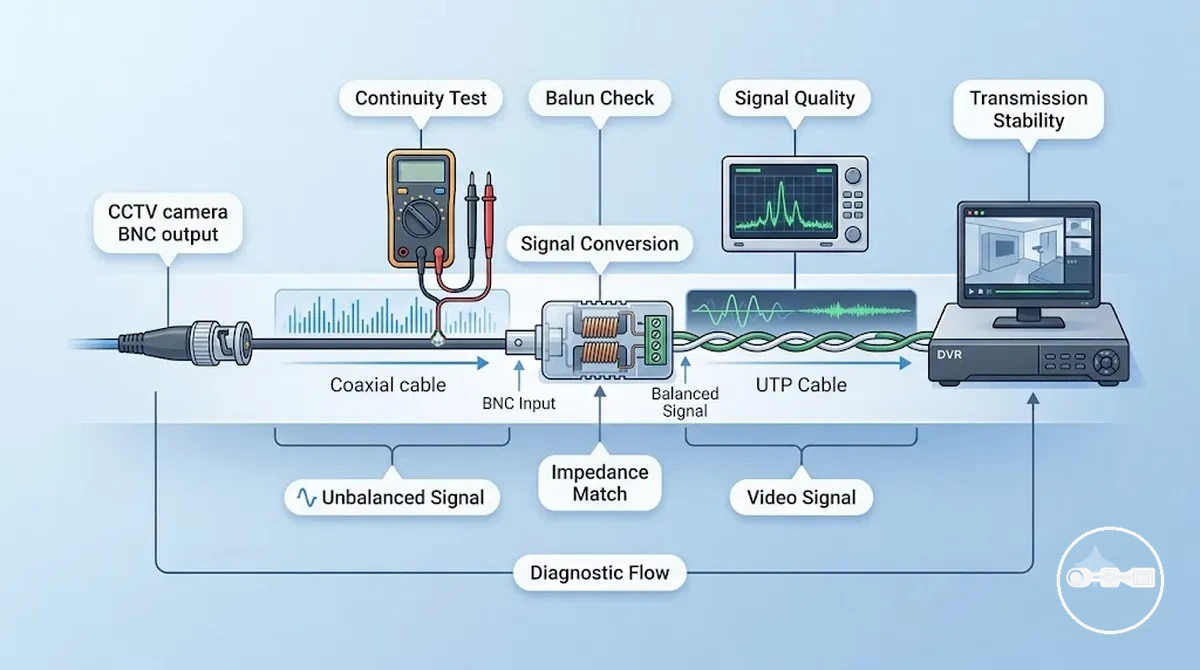 Diagram showing conversion between balanced and unbalanced video signals in a CCTV balun system