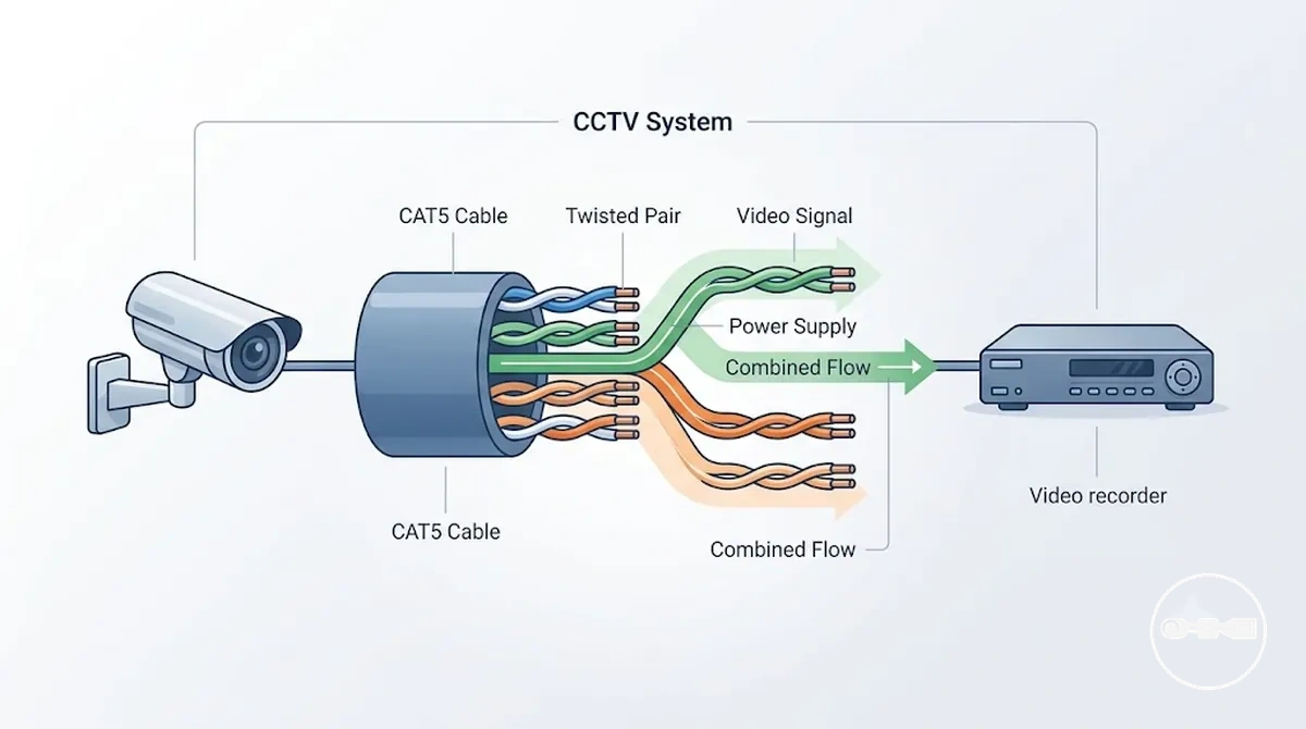 CCTV system showing video signal and power flow over CAT5 cable