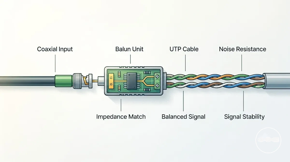CCTV video balun operating across twisted pair Ethernet cabling environment