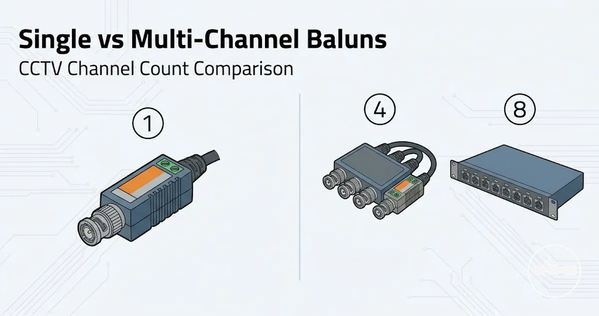 Single-channel and multi-channel CCTV video baluns arranged for channel count comparison.