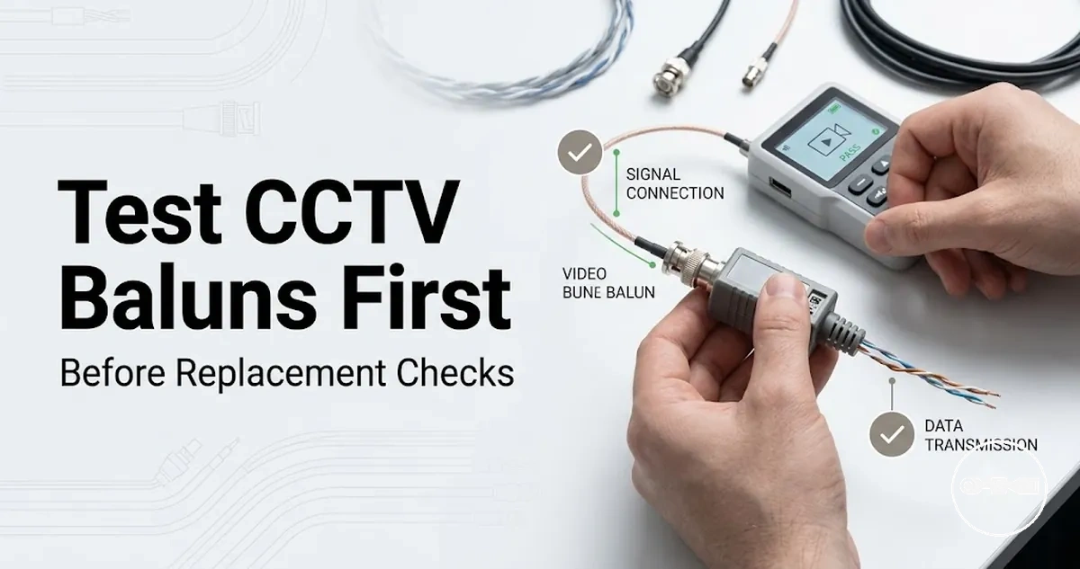 CCTV video baluns being tested before replacement with cable and connector checks.