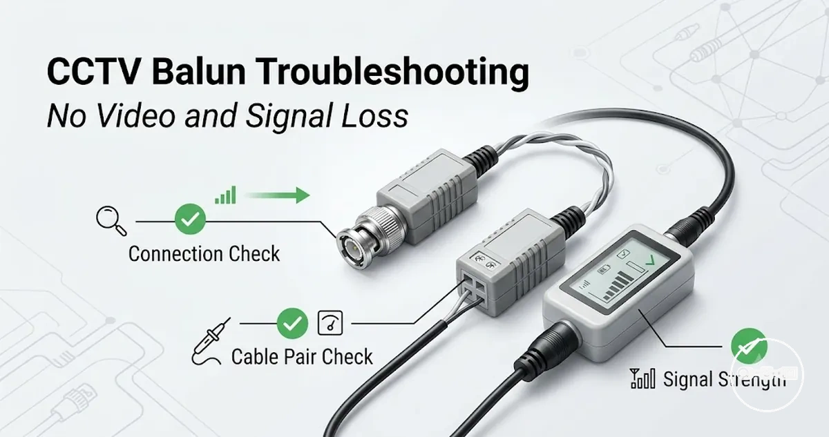 CCTV video balun troubleshooting setup showing cable, connector and signal-loss checks.