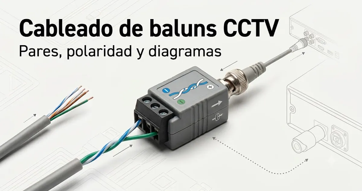 Cableado de baluns de vídeo CCTV con pares trenzados, marcas de polaridad y detalles del diagrama de conexión.