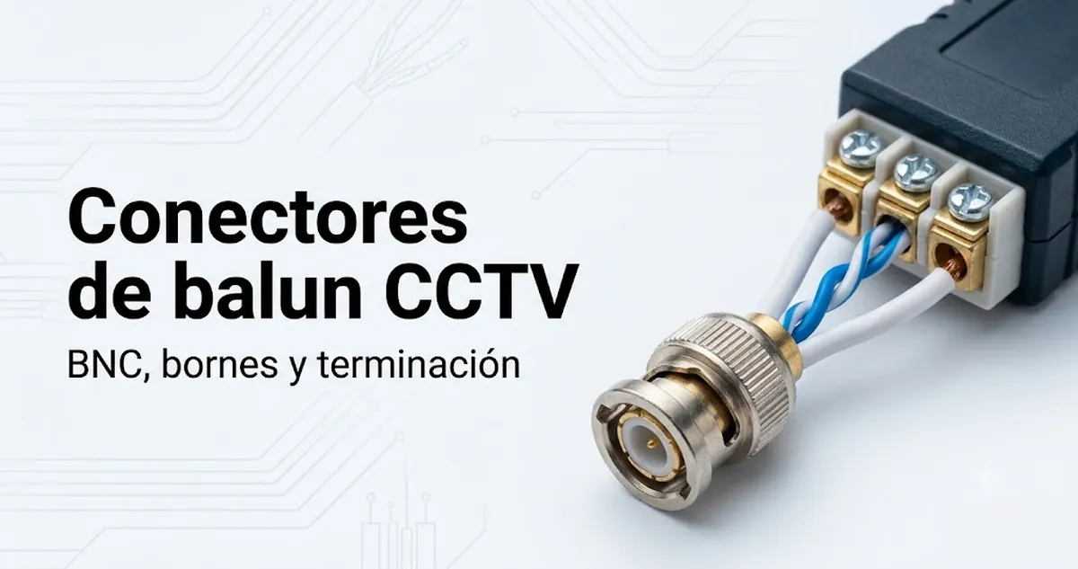 Extremos de conectores de balun de vídeo CCTV con detalles de BNC, terminal y terminación de cable.