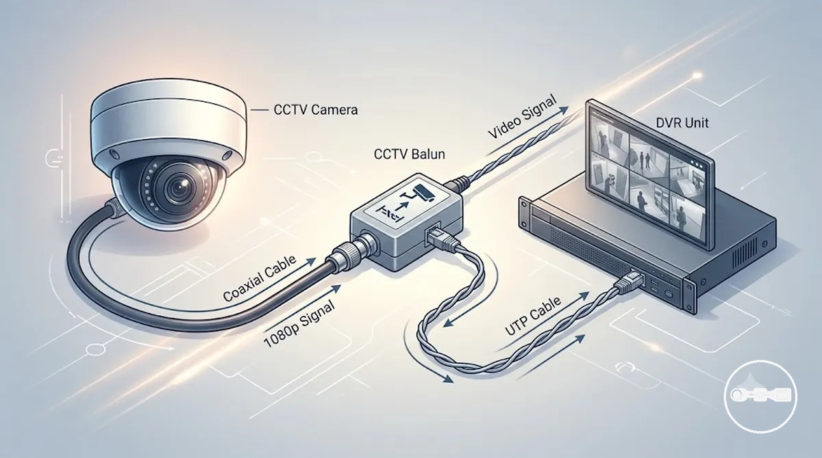 Balun de vídeo CCTV convirtiendo señal coaxial a transmisión por cable UTP en sistema CCTV