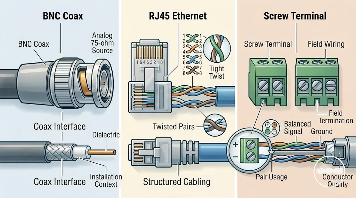 Diagrama que muestra interfaces de conector de balun de vídeo CCTV BNC, RJ45 y de borne de tornillo