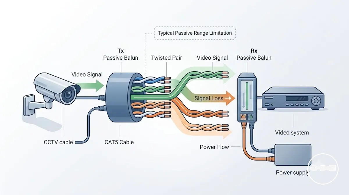 Sistema de baluns CCTV pasivo que muestra transmisión no amplificada de vídeo y alimentación sobre cable CAT5