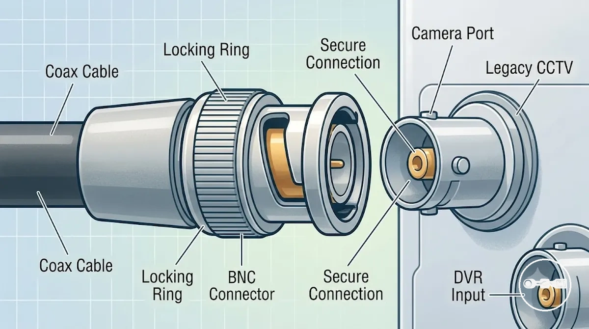 Vue en gros plan du connecteur BNC se verrouillant sur le câble de la caméra CCTV montrant la connexion d'interface coaxiale