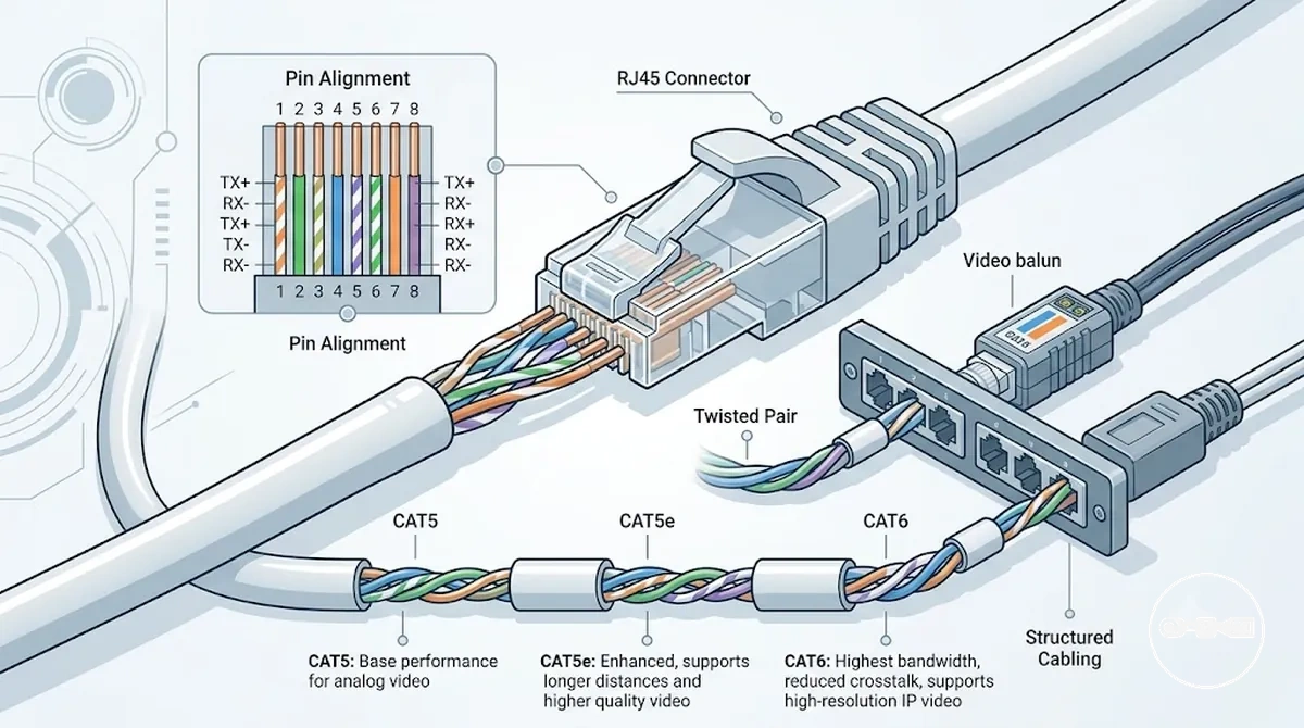 Terminaison RJ45 sur câble CAT5 montrant l'alignement des broches pour le câblage structuré de balun vidéo CCTV