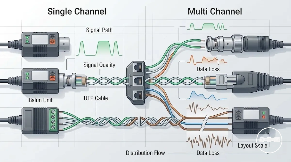 Schémas de câblage des baluns vidéo CCTV monocanal et multicanal montrant la disposition du signal et les chemins de distribution