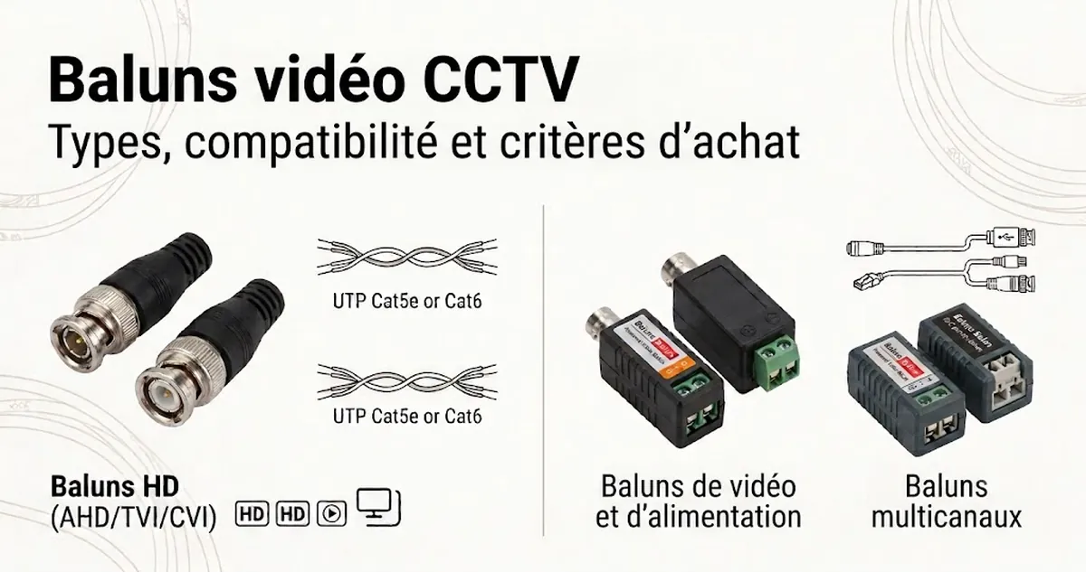Ensemble de baluns vidéo CCTV présentant des types courants, des connecteurs et des repères de compatibilité de câble.