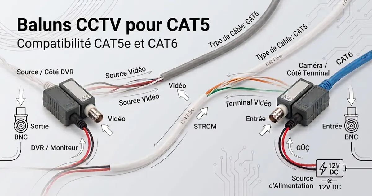 Baluns vidéo CCTV connectés à des câbles CAT5, CAT5e et CAT6 pour comparer la compatibilité.