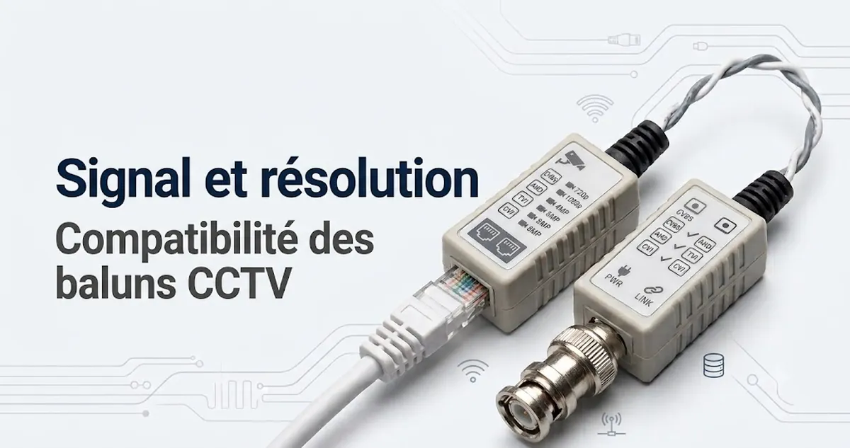 Étiquettes de compatibilité et connexions de câble sur des baluns vidéo CCTV pour vérifier le signal et la résolution.