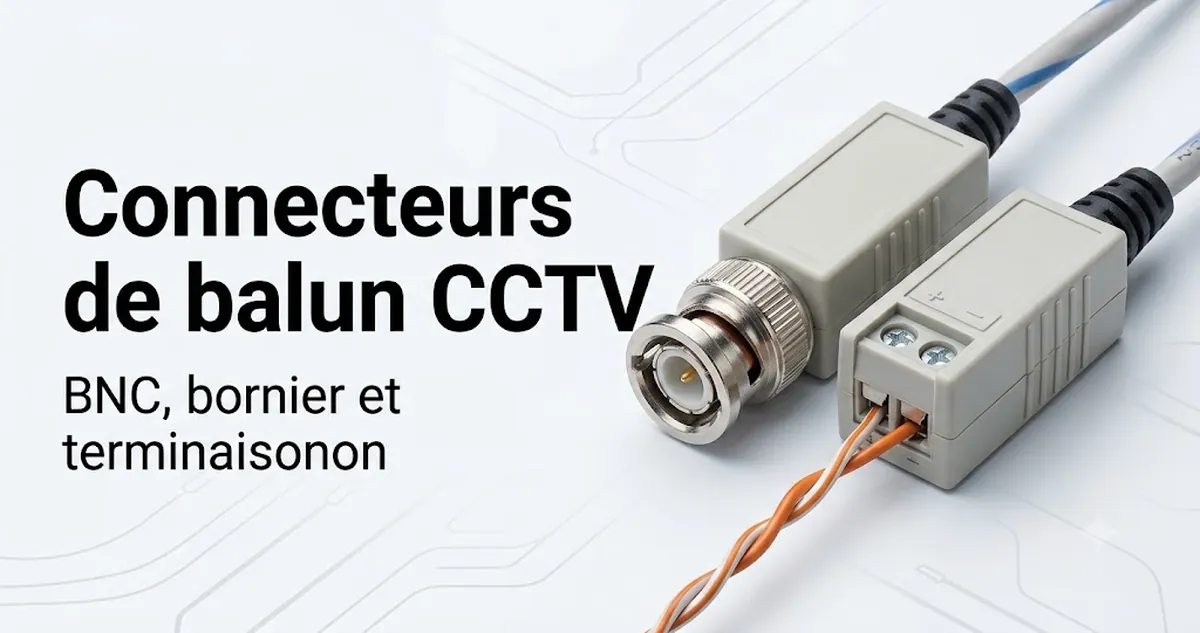 Extrémités de connecteurs de balun vidéo CCTV avec détails BNC, bornier et terminaison de câble.