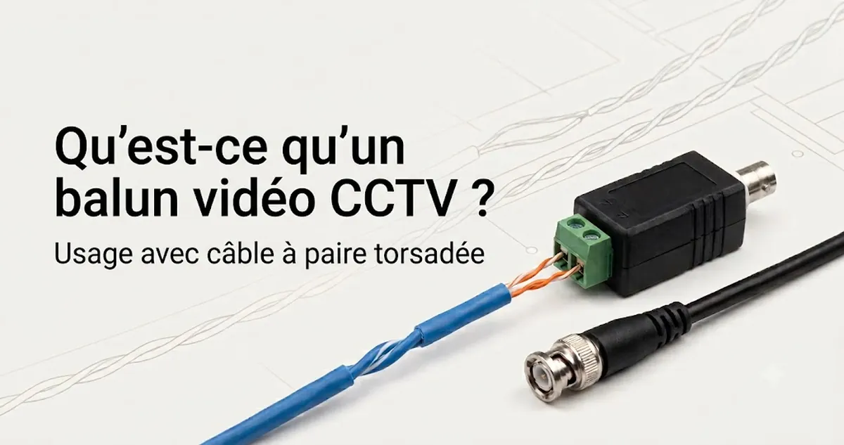 Balun vidéo CCTV placé à côté d’un câble de caméra, utilisé pour transmettre la vidéo sur câble à paire torsadée.