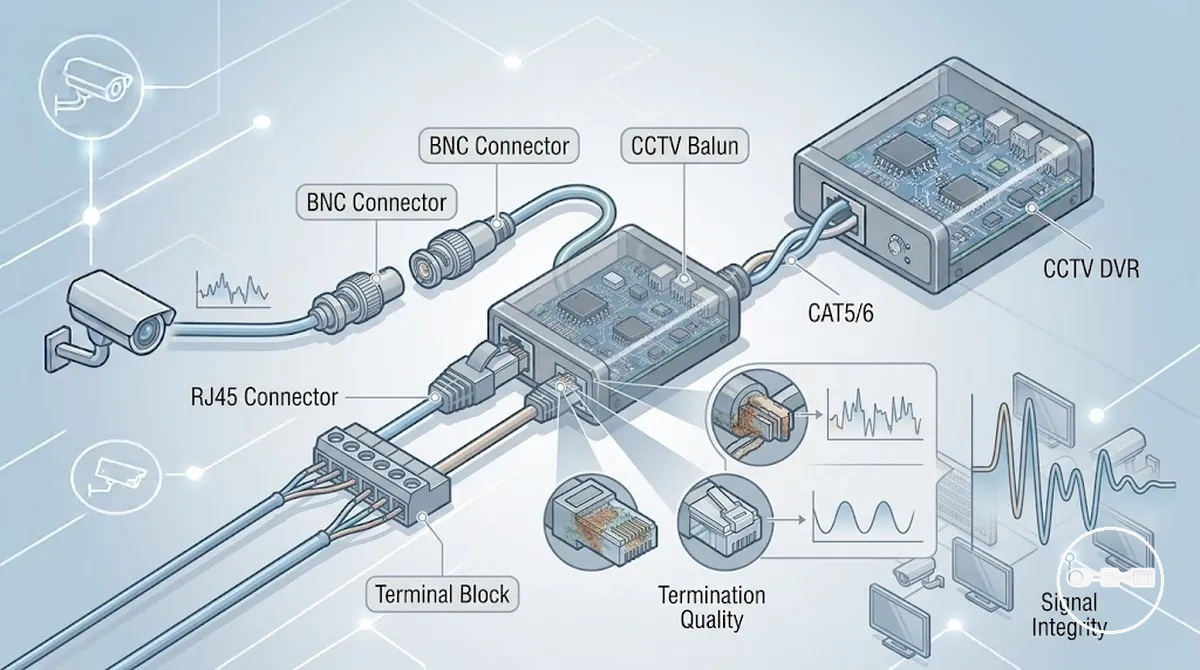 Configuração de conector e terminação de balun de vídeo CFTV mostrando opções BNC, RJ45 e bloco terminal