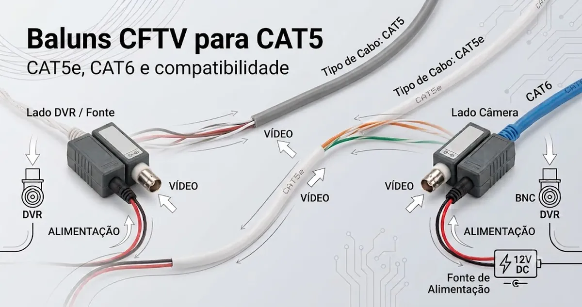 Baluns de vídeo CFTV conectados a cabos CAT5, CAT5e e CAT6 para comparação de compatibilidade.