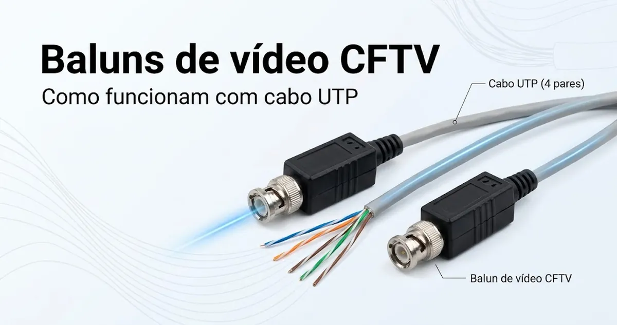Baluns de vídeo CFTV conectados a cabo UTP para mostrar a transmissão do sinal de vídeo.