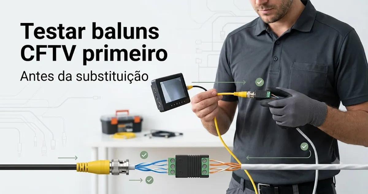 Baluns de vídeo CFTV em uma checagem antes da substituição, com revisão de cabo e conectores.