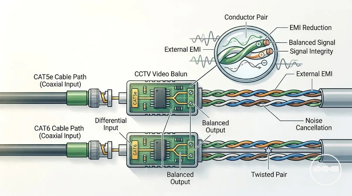 UTP bükümlü çift yapısı ve CCTV video balun sinyal iletim davranışı illüstrasyonu