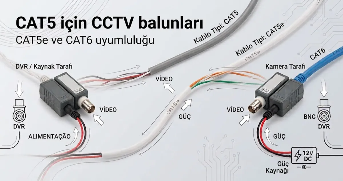 Uyumluluk karşılaştırması için CAT5, CAT5e ve CAT6 kablolara bağlanmış CCTV video balunları.