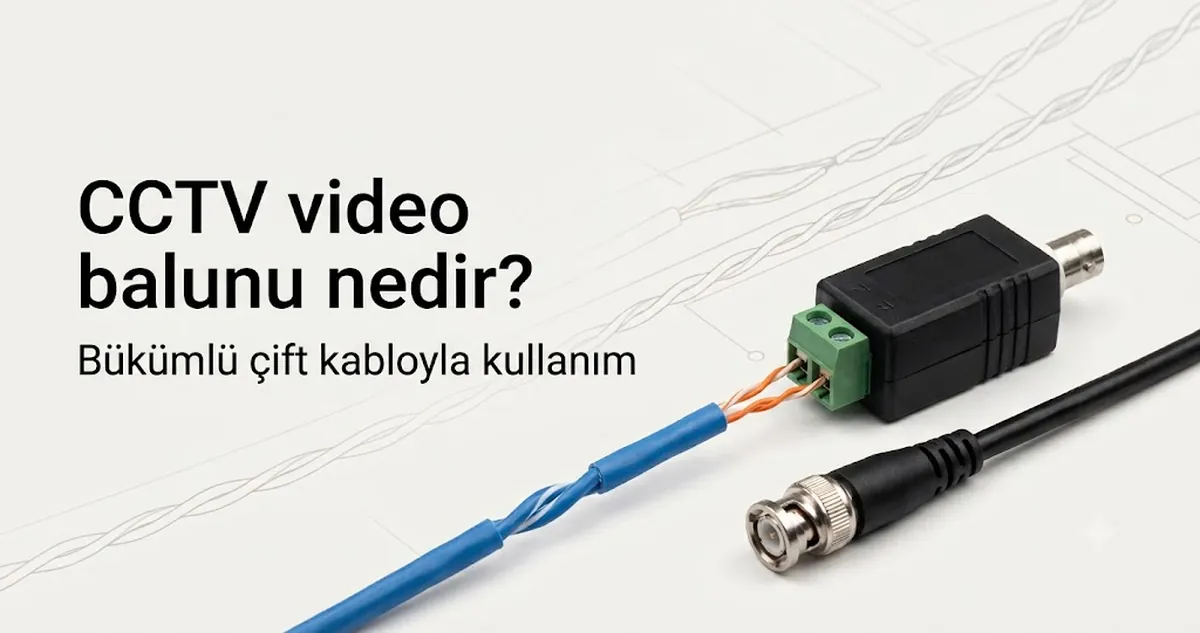 Bükümlü çift kablo üzerinden video taşımak için kullanılan, kamera kablosu yanında duran bir CCTV video balunu.