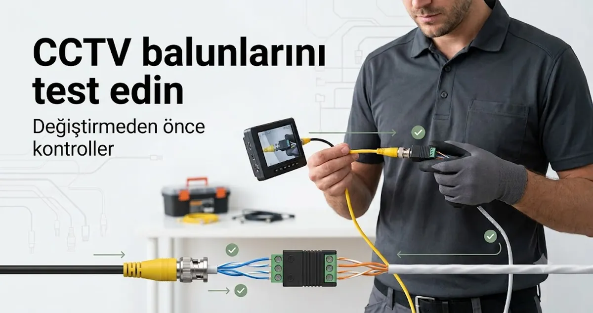 Değiştirmeden önce kablo ve konnektör kontrolleriyle test edilen CCTV video balunları.